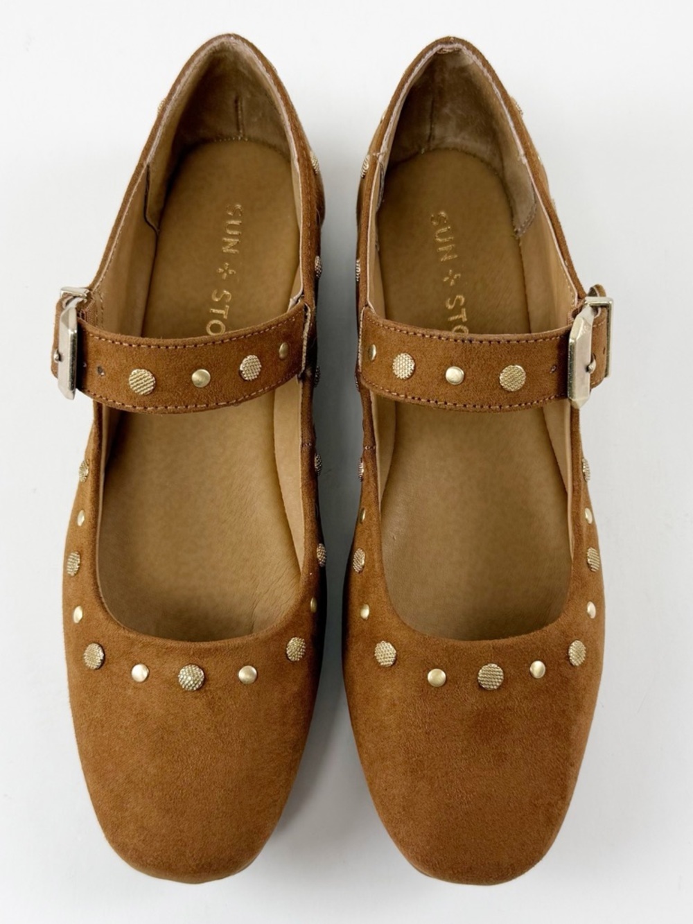 Sun + Stone Caia Maryjane Studded Flats Womens 6M Tan Gold NEW - Picture 2 of 11